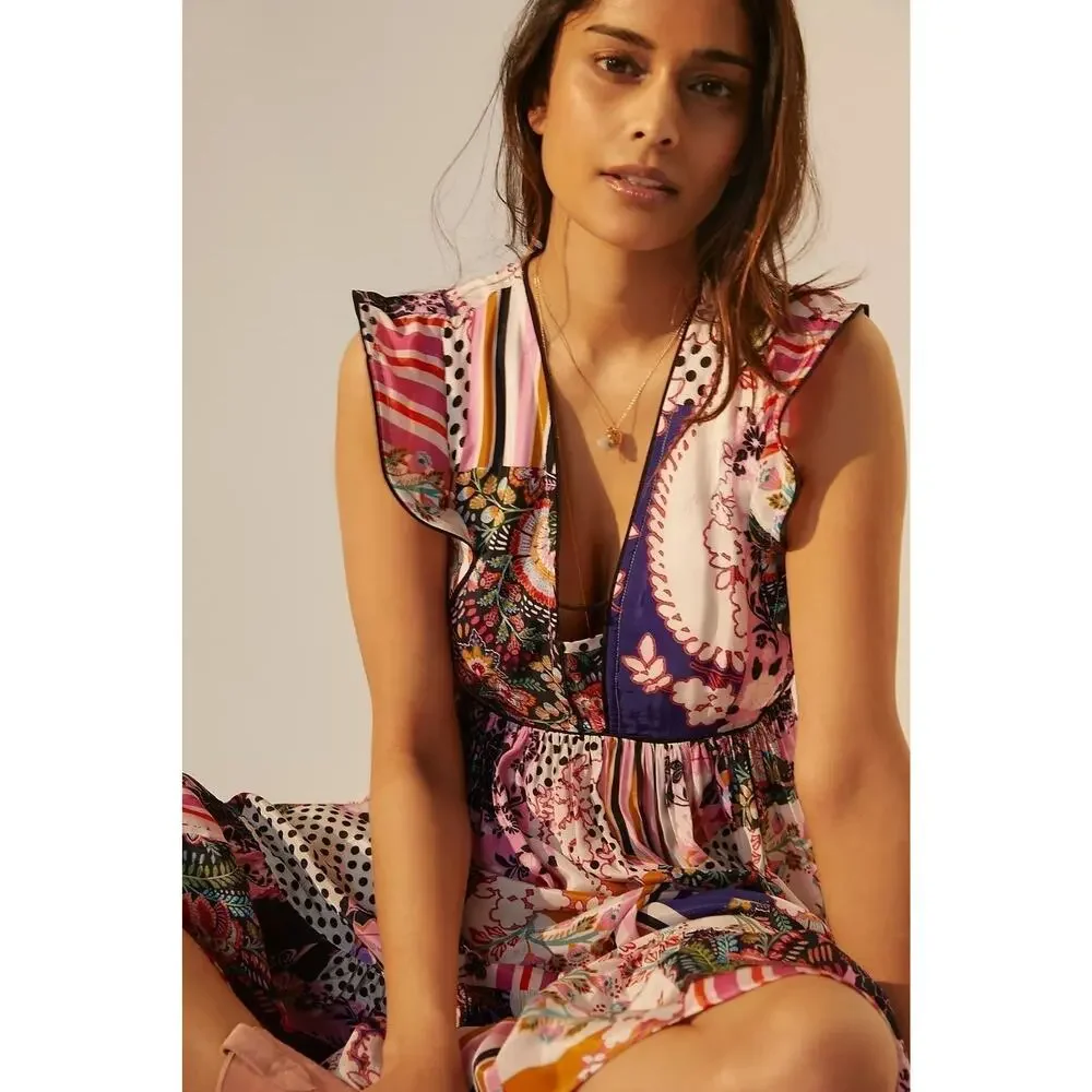 NWT❤️Anthropologie Ruffled Patchwork Midi Dress sz10 - Picture 3 of 10